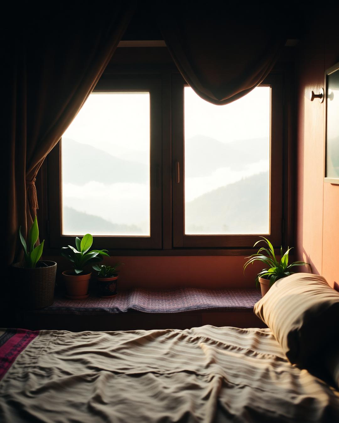 The morning view from Room 4, looking out over misty Sikkim hills