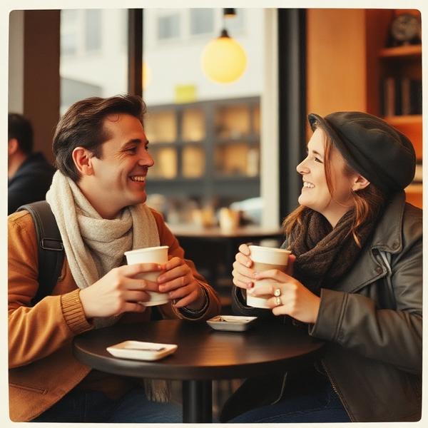 Polaroid of two travellers laughing over coffee