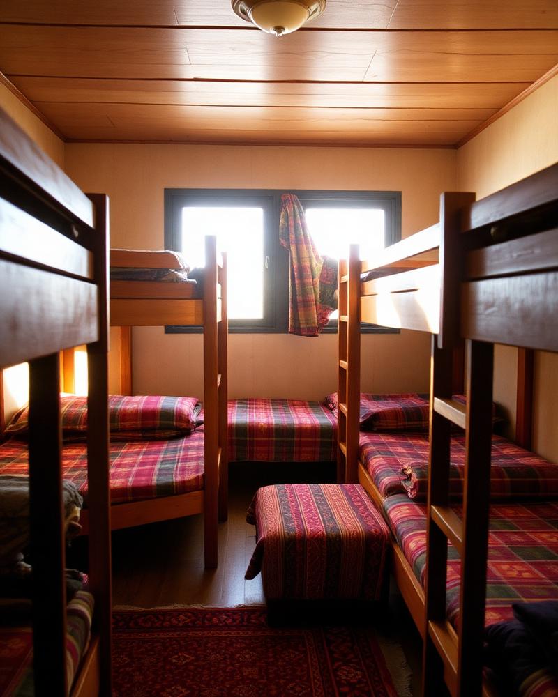 Warm hostel dormitory with wooden bunks and colourful woven blankets