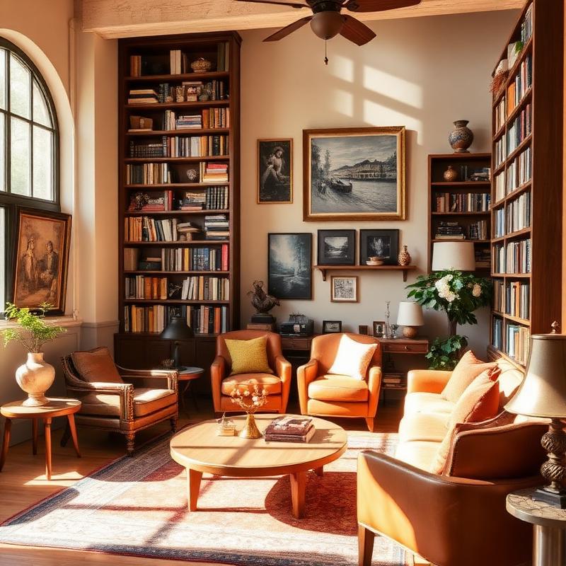 Shared lounge with bookshelves, warm armchairs and local art