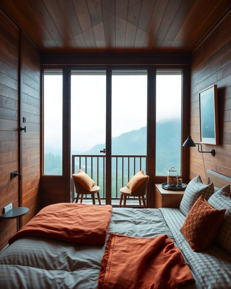 Private room with a small balcony over the misty Himalayas